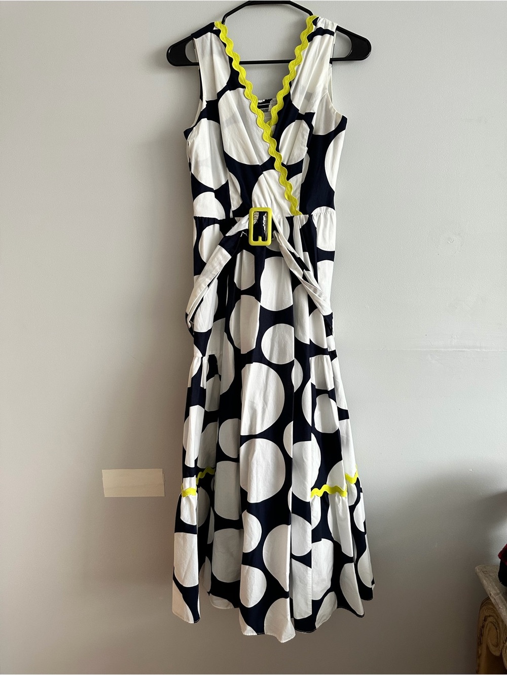 Sleeveless Black & White Polka Dot Maxi Dress with Yellow Trim
